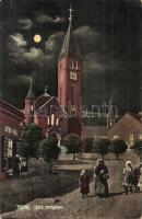 Tokaj, Katolikus templom, utcakép este, üzlet (EK)