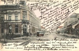 Békéscsaba, Vasút utca motorral, villamosok, Petrányi Gyula bazára, szálloda és kávéház