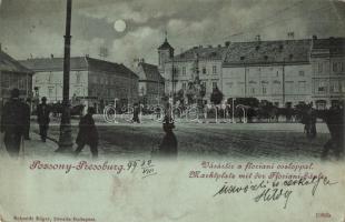 1899 Pozsony, Pressburg, Bratislava; Vásár tér a floriani oszloppal, este, S. Neurath és fiai vaskereskedés / market square, shops, night (ázott / wet damage)
