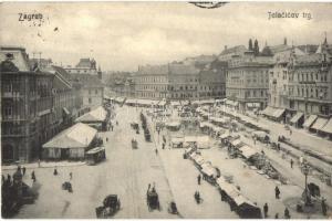 Zagreb, Jelacicev trg. / piac, villamos, piaci árusok, bódék, üzletek / market square, tram, shops, vendors, booths