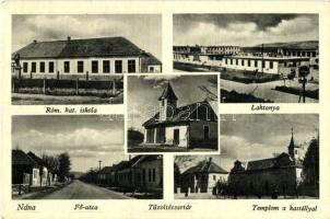 Párkánynána, Párkány-Nána, Stúrovó; Római katolikus iskola, Laktanya, Fő utca, Tűzoltószertár, Templom a kastéllyal / catholic school and church, military barracks, main street, castle, firefighter depot (EK)