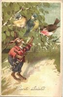 Húsvéti üdvözlet / Easter greeting card with pipe smoking rabbit and birds. litho (EK)