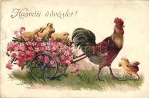 Húsvéti üdvözlet / Easter greeting card, rooster with chickens in the cart. EAS 5653. litho (EK)