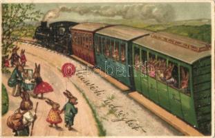 Húsvéti üdvözlet / Easter greeting card, rabbits on a locomotive. litho (Rb)