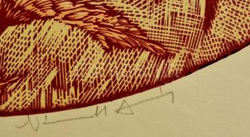 Németh András (1941-): Növény. Színes linó, papír, jelzett, d:33 cm