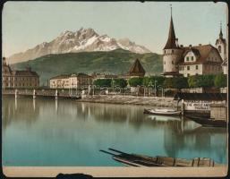 cca 1900 Luzern, Neue Brückeés a Pilátus, színes nyomat, sérülésekkel, 16x22 cm