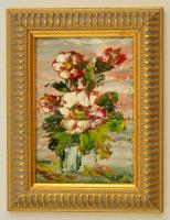 Dézsi Éva (1929-): Virágcsendélet. Olaj, farost, jelzett, keretben, 13×9 cm
