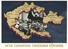 Wir danken unserm Führer / Adolf Hitler, Konrad Henlein, NS propaganda, map of the Czech Republic, 6 Ga. (EB)