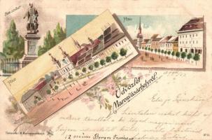 1899 Marosvásárhely, Targu Mures; Fő tér, Bem szobor / main square, monument, Floral, Art Nouveau, litho (kissé ázott / slightly wet damage)