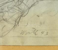 Wirth jelzéssel: Hölgy esernyővel, ceruza, papír, paszpartuban, üvegezett fa keretben, 31×23,5 cm