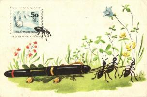 Negyven darab hangya-bélyeg: töltőtollra becseréllek! Iskolai takarékbélyeg propaganda lap / Hungarian School savings stamp propaganda card (EK)