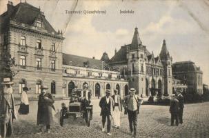 Temesvár, Timisoara; Józsefváros, Indóház, vasútállomás, autós montázs képeslap / railway station, automobile montage postcard (fa)