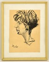 Rákos jelzéssel: Női portré, karikatúra, szén, papír, fa keretben, 43×30,5 cm