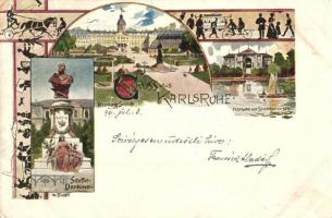 1899 Karlsruhe, Residenz Schloss, Festhalle mit Stadtgartensee, Scheffel Denkmal / castle, garden, festival hall, monument. Art Nouveua s: K. Fuchs (Rb)
