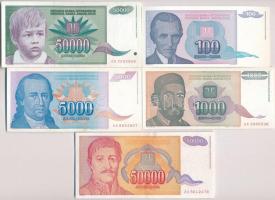 Jugoszlávia 1994. 100D + 1000D + 5000D + 50.000D + 1992. 50.000D T:I--III szép papír Yugoslavia 1994. 100 Dinara + 1000 Dinara + 5000 Dinara + 50.000 Dinara + 1992. 50.000 Dinara C:AU-F nice paper
