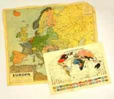 1924-1942 2 db térkép: A Föld képe 1923-ban, Kogutowicz zsebatlasza 1924. évi melléklete, Európa térképe az 1942. évi földrajzi zsebkönyvhöz, 35x49,5 és 64x76 cm