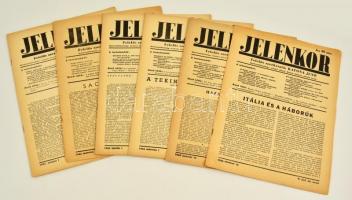1941-1944 A Jelenkor folyóirat 6 db száma: III. évf. 9. sz., V. évf. 2. 5. 7. 20. sz., VI. évf. 5. sz.
