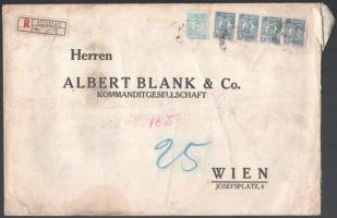 Ajánlott banklevél Bécsbe 47.50 Lei bérmentesítéssel, &quot;M B &amp; Co&quot; céglyukasztásos bélyegekkel, Perfin stamps on registered bank cover to Vienna