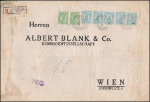 Ajánlott banklevél Bécsbe 41.50 Lei bérmentesítéssel, &quot;M B &amp; Co&quot; céglyukasztásos bélyegekkel, Perfin stamps on registered bank cover to Vienna