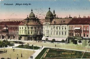 Kolozsvár, Cluj; Mátyás király tér, Erdélyi Bank, Drogéria, Haraszthy Jenő üzlete / square, bank, pharmacy, shop vissza So. Stpl (EB)