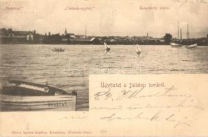 Balaton, a Gusztáv csónak, háttérben Keszthely, Csónak-egylet; Mérei Ignácz kiadása