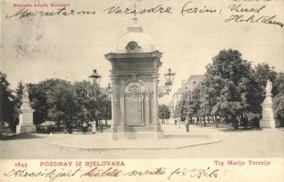 Belovár, Bjelovar; Trg. Marije Terezije / Mária Terézia tér, hátoldalon kétnyelvű bélyegző / square (EK)