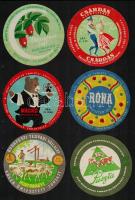 cca 1950-1960 48 db magyar sajtcímke, 6-féle, köztük Puszta, Csárdás, Róna, Vitaminos sajt, d: 10 cm