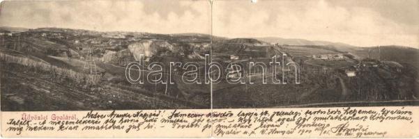 Gyalár, Ghelari; Vaskő bánya / iron mine, panorama card (hajtásnál szakadt / bent til broken)