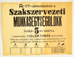 cca 1930 A Szakszervezeti Munkássegélyblokk nagyméretű OTI-választás plakátja, széleinél apró szakadással, 47x63 cm