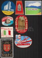 14 db vegyes címke tétel köztük spanyol, olasz, amerikai, jugoszláv hotelcímke, bőröndcímke, sajtcímke, 6x8 és 15x10,5 cm