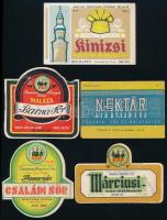 cca 1950-1960 5 db magyar sörcímke, köztük Kinizsi, Nektár Gyógytápsör, Maláta Barna Sör 9,5x9 és 7,5x11 cm közti méretben