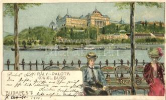 Budapest I. Királyi palota, hölgyek, vár, gőzhajók. Art Nouveau litho s: Rosenberger (vágott / cut)