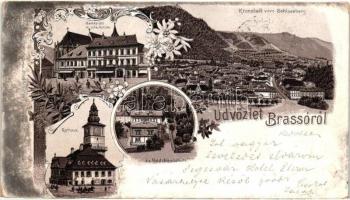 1899 Brassó, Kronstadt, Brasov; Marktplatz mit schw. Kirche, Ev. Mädchenschule, Rathaus. Gabony & Comp. / Piactér, látkép a Fellegvárról, Evangélikus leányiskola, Városháza / market square, general view, girls school. floral Art Nouveau litho (kopott sarkak / worn corners)