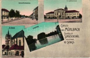 Szászsebes, Mühlbach, Sebes; Siculorumgasse, Ev. Gymnasium, Ev. Kirche, Stadtpark / Székely utca, üzletek, Evangélikus gimnázium és templom, park. J. Hientz kiadása / street view, shops, grammar school, church, park (EK)