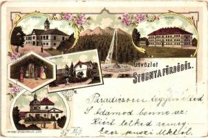 1898 Stubnyafürdő, Stubnianske Teplice; Kápolna, Új fürdőház, Kertészlak, Stefánia-forrás, Zöld tükör fürdő. Schneider & Lux / chapel, new spa, spring, gardener's house. floral Art Nouveau litho (EK)