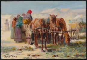Pállya Carolus (1875-1930): Vásárba érkezők. Olaj, falemez, jelzett, 11×16,5 cm