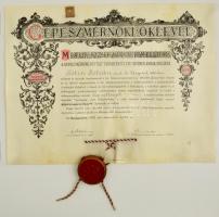 1928 Magyar Királyi József-Műegyetem díszes gépészmérnöki oklevele, fatokos függőpecséttel, okmánybélyeggel, aláírásokkal, felcsavarva, 45x60 cm