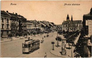 Kassa, Kosice; Fő utca alsó része, villamos, Weisz Ernő üzlete, Tardos reklám / main street, tram