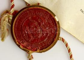 1938 József Nádor Gazdaságtudományi és Műszaki Egyetem díszes oklevele, sérült fatokos függőpecsétte...