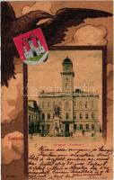 Komárom, Komárno; Városháza. címeres Art Nouveau keret. Freisinger Mór kiadása / Stadthaus / city hall. Art Nouveau coat of arms litho frame (EK)