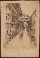 Kron Béla (1884-1965): Velence, Sóhajok hídja. Rézkarc, papír, jelzett, foltos, 24×18,5 cm