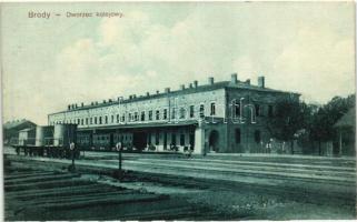Brody, Brodach; Dworzec kolejowy. F. Wasta / railway station, locomotive, wagons + M. kir. veszprémi IV/31. népfölkelő hadtápzászlóalj