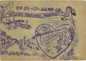 1943 Kellemes Karácsonyi Ünnepeket! Tábori Posta Levelezőlap / WWII Hungarian military Feldpost, Christmas art postcard (EK)