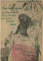 1943 Muszkaföld. Saját kézzel rajzolt Tábori Posta Levelezőlap / WWII Hungarian military Feldpost, art postcard