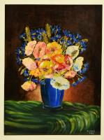Riesz Adalbert Béla (1901-?): Virágcsokor, olaj, vászon, jelzett (A. Riez), paszpartuban, üvegezett fa keretben, 45×33,5 cm