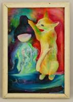 Jelzés nélkül: Neon cica. Olaj, karton, keretben, 58×39 cm