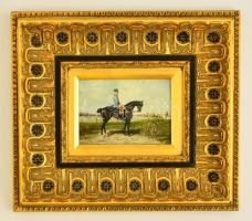 Olvashatatlan jelzéssel: Ferenc József a lovon. Olaj, falemez, keretben, 12×18 cm