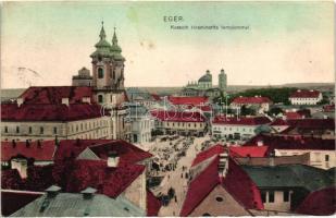 Eger, Kossuth tér a minorita templommal, piac, üzletek. Károly Károly kiadása