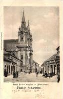 Komárom, Komárno; Szent András templom, Nádor utca, Korén József üzlete / church, street, shops