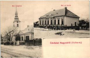 Negyed, Neded; Református templom és új iskola / calvinist church and school (képeslapfüzetből / from postcard booklet)